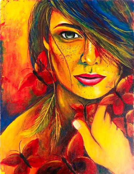 red-bold-lady-with-butterflies-original-contemporary-vibrant-painting-for-home-decor-mounika-narreddy