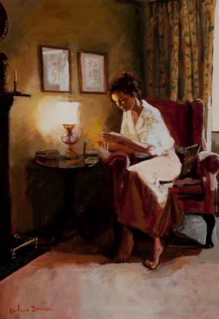 Davidson, Rowland, b.1942; Lady Reading a Book by Lamplight